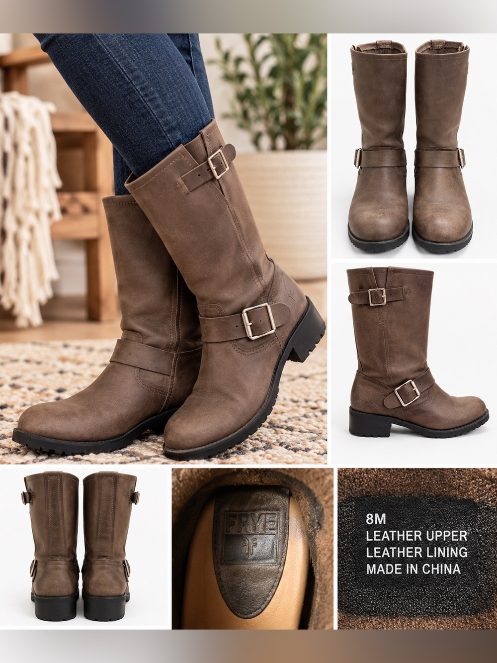 Frye Veronica Short Leather Engineer Moto Boots Brown Buckle Size 8M
